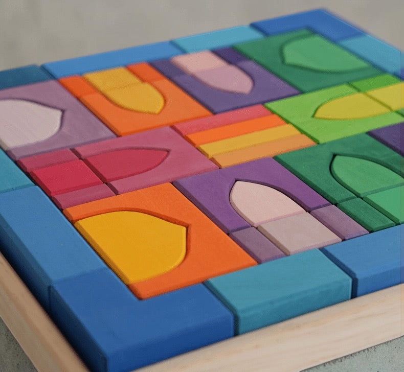**pre-order (ships in 1-2 weeks)**54 pcs stained arabian 1001 nights inspired wooden building blocks set with tray