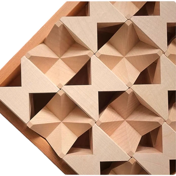 16-piece wooden geometric construction puzzle & building blocks with storage tray – rainbow stained or natural