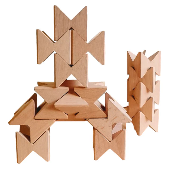 16-piece wooden geometric construction puzzle & building blocks with storage tray – rainbow stained or natural