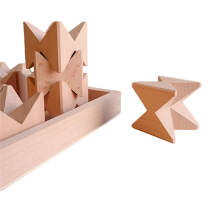 16-Piece Wooden Geometric Construction Puzzle & Building Blocks with Storage Tray – Rainbow Stained or Natural