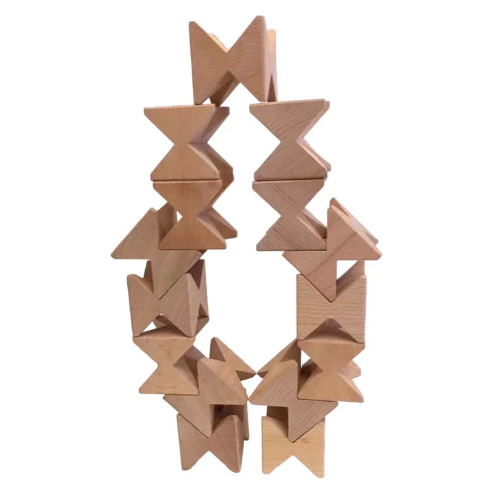 16-piece wooden geometric construction puzzle & building blocks with storage tray – rainbow stained or natural