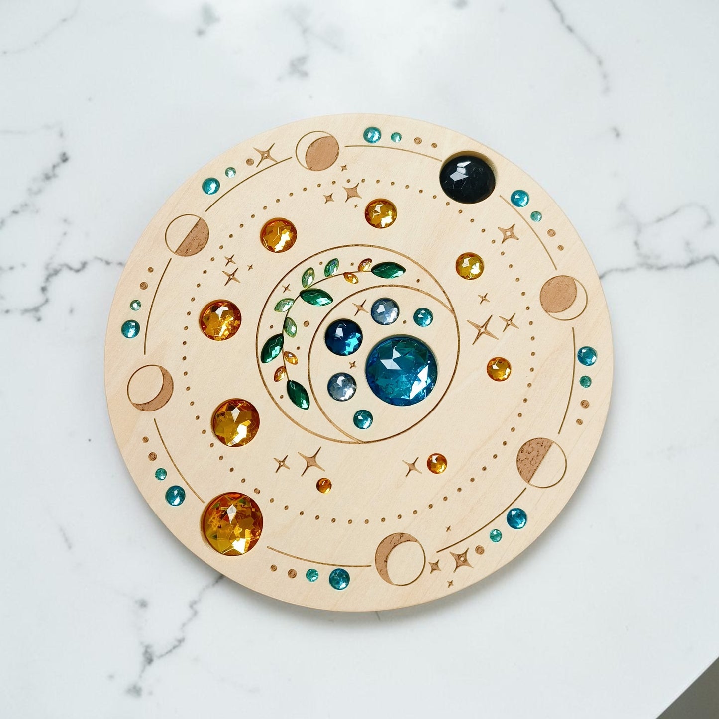 large gemmed wooden spinner board – acrylic crystal sensory toy | 5 designs