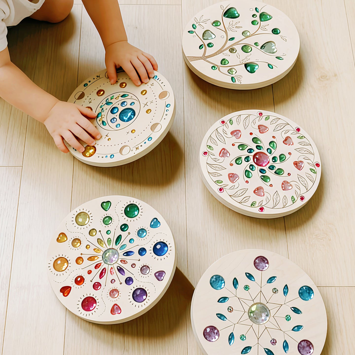 large gemmed wooden spinner board – acrylic crystal sensory toy | 5 designs