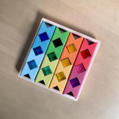 16-Piece Wooden Geometric Construction Puzzle & Building Blocks with Storage Tray – Rainbow Stained or Natural