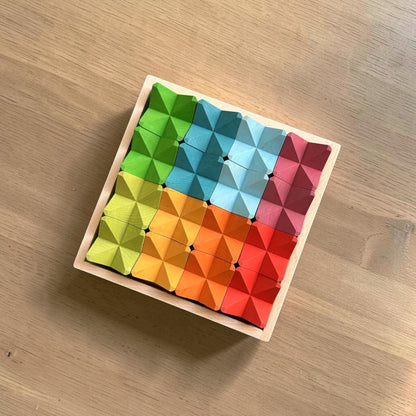 16-Piece Wooden Geometric Construction Puzzle & Building Blocks with Storage Tray – Rainbow Stained or Natural