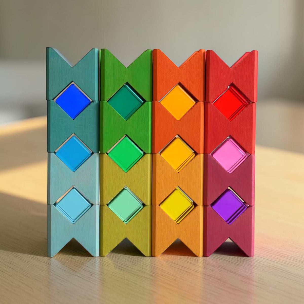 16-piece wooden geometric construction puzzle & building blocks with storage tray – rainbow stained or natural