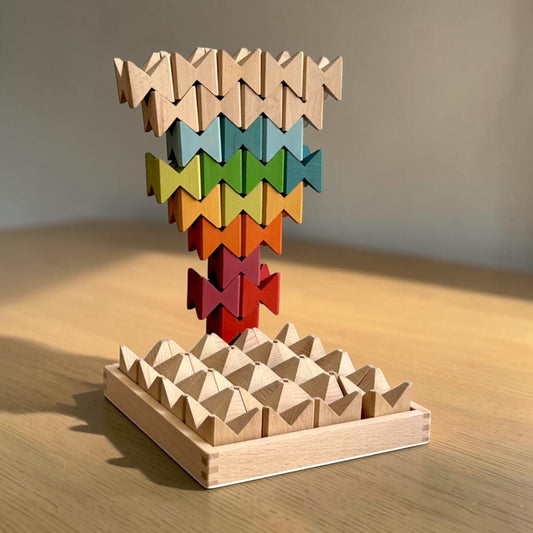 16-Piece Wooden Geometric Construction Puzzle & Building Blocks with Storage Tray – Rainbow Stained or Natural