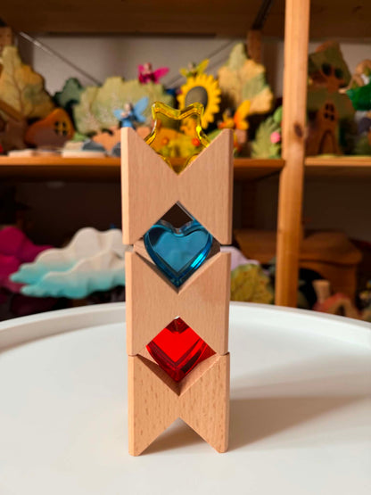 18-Piece Beech Wood Shape Blocks with Crystal Clear Acrylic Inserts | Heart or Star