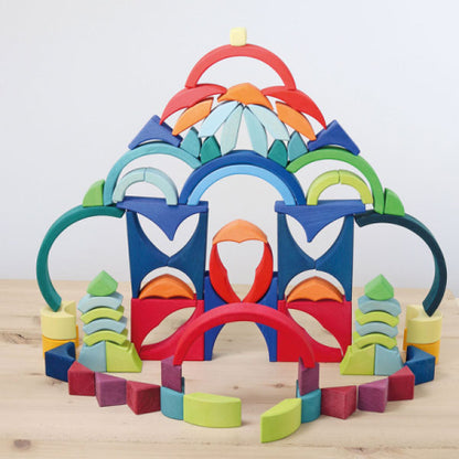 Rainbow Mandala Stained Basswood Building Blocks – 81-Piece Geometric Building Set with Wooden Tray