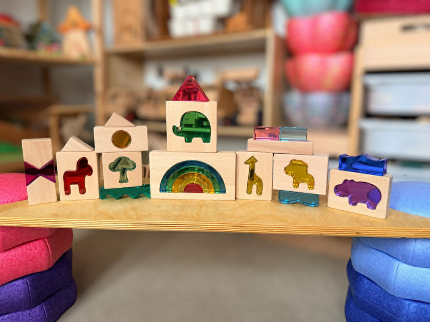 green elephant original design – wild rainbow safari blocks exclusive limited edition wooden & acrylic play set