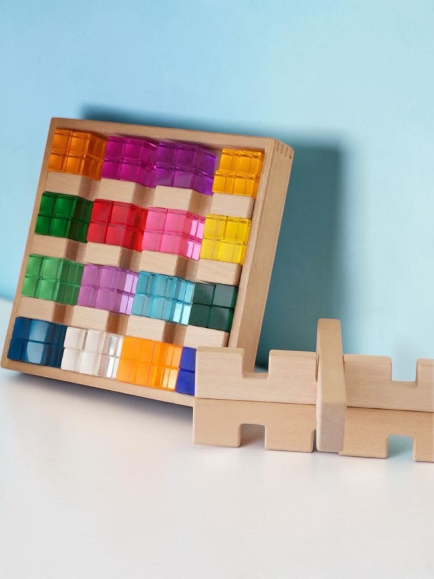 **pre-order (ships in 2-3 weeks)**64-piece rainbow crystal stones & interlocking slats building set with storage tray