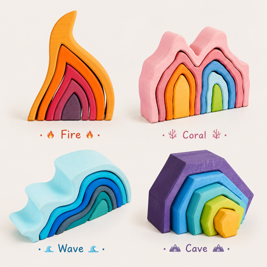 **Pre-order (Ships in 2-3 Weeks)**Handmade Stained Basswood Stacker Collection | Fire, Coral, Wave & Cave | Montessori Waldorf Wooden Open-Ended Toy