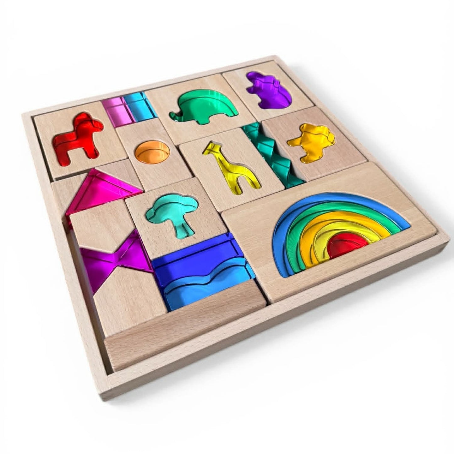 green elephant original design – wild rainbow safari blocks exclusive limited edition wooden & acrylic play set