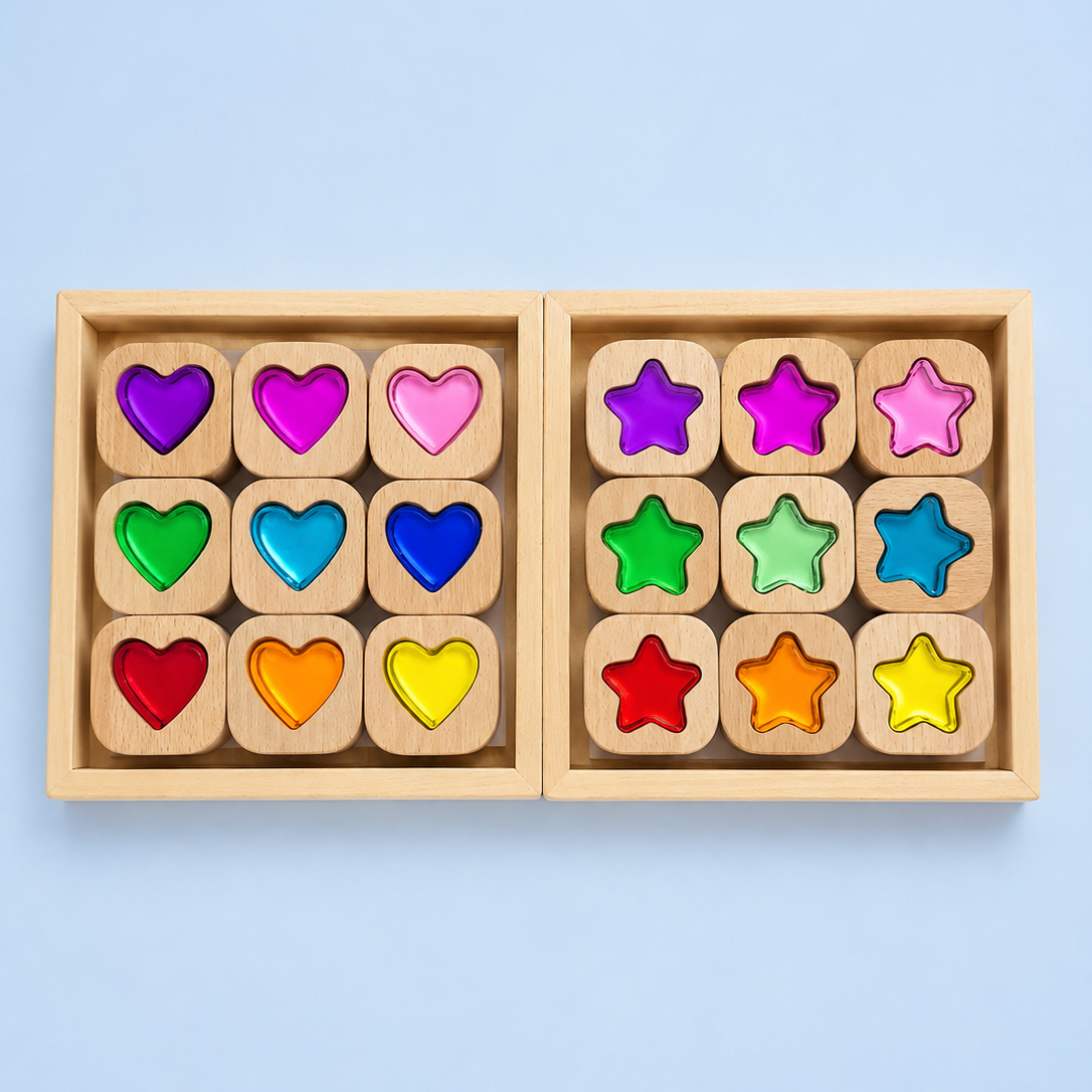 18-piece beech wood shape blocks with crystal clear acrylic inserts | heart or star