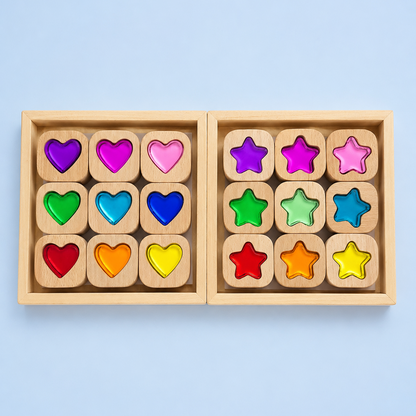 18-Piece Beech Wood Shape Blocks with Crystal Clear Acrylic Inserts | Heart or Star