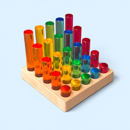 25-Piece Crystal Clear Rainbow Acrylic Cylinders with Beech Wood Base
