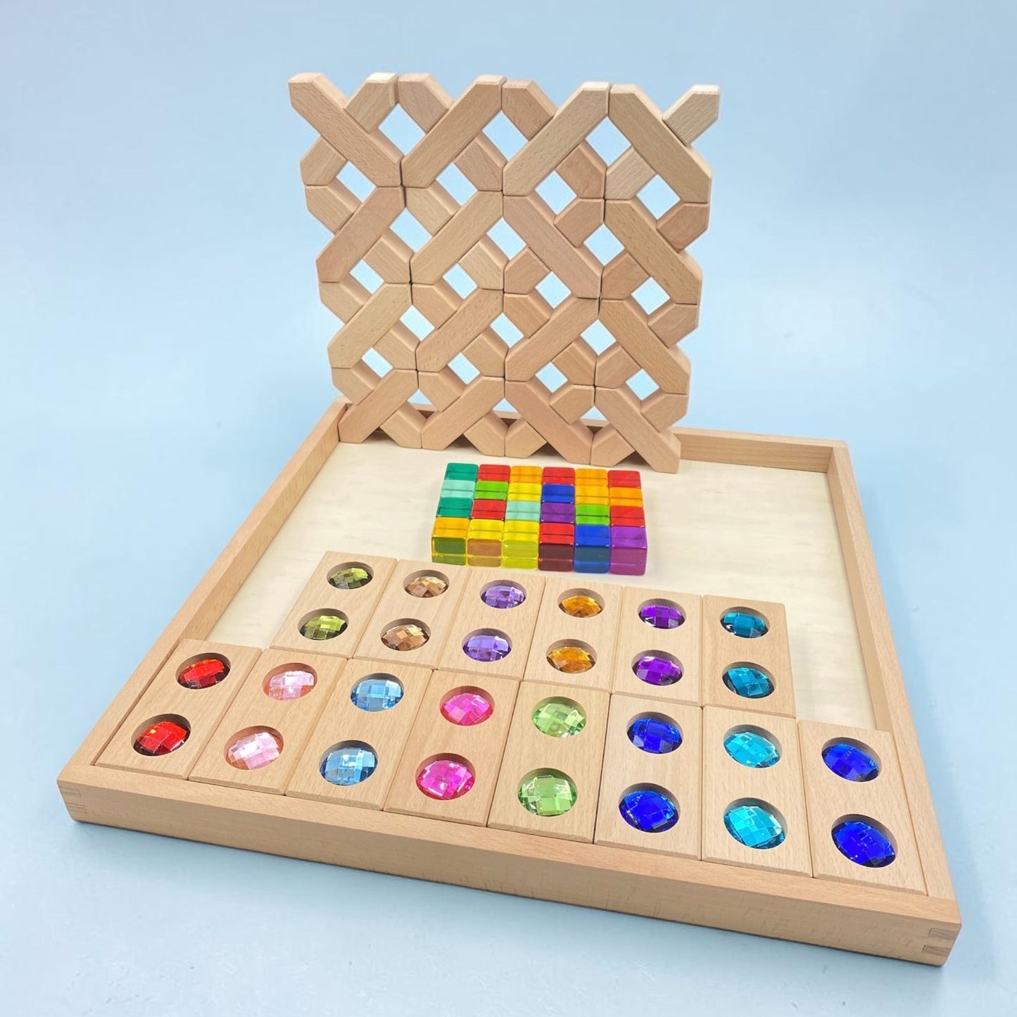 54 pcs combination set with x-shape and rectangular gemmed blocks and lucite cubes