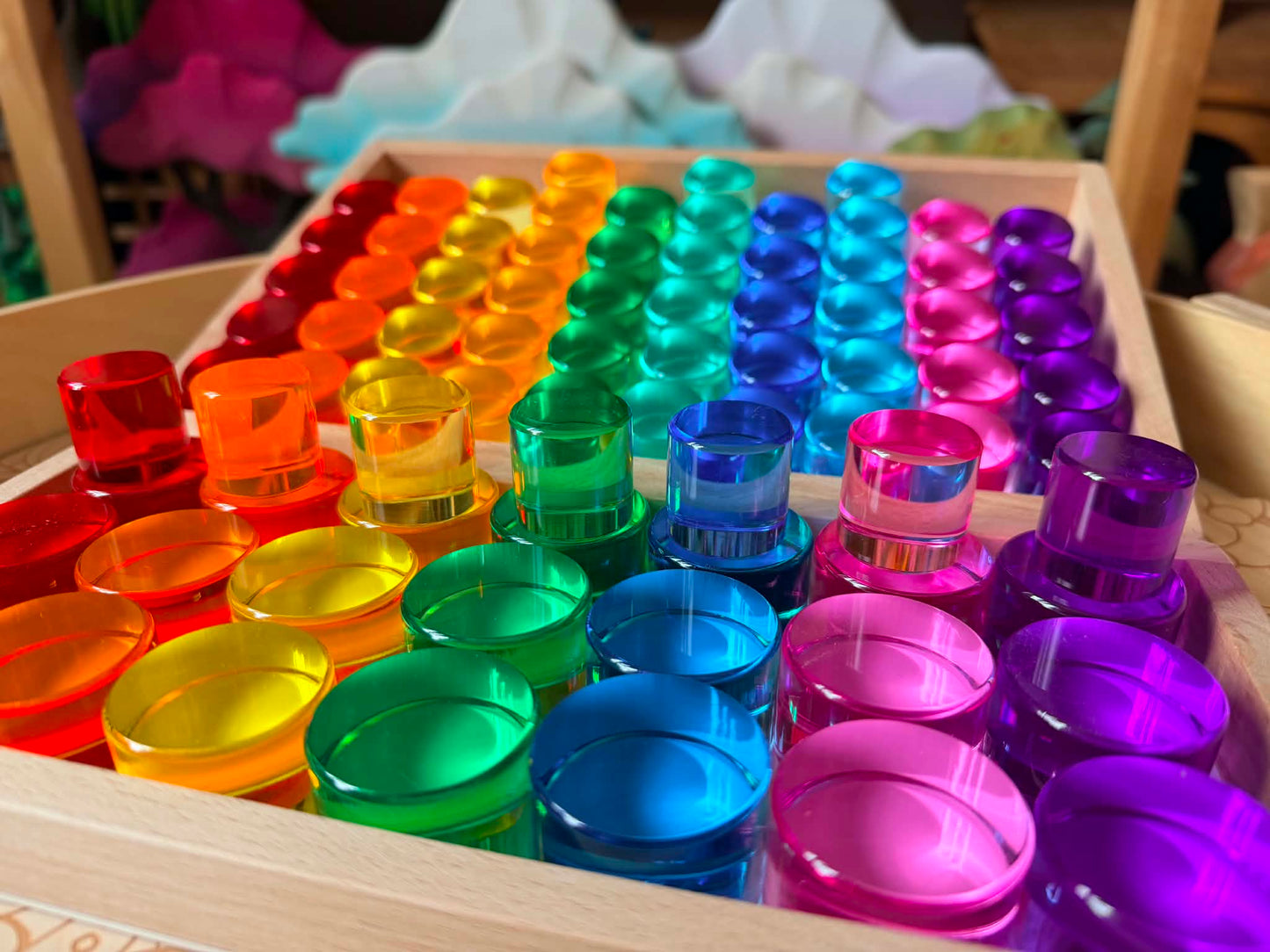 21-piece jumbo crystal clear acrylic rainbow cylinders with wooden tray