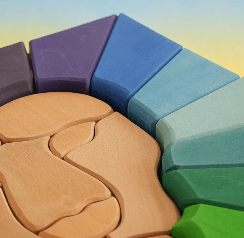**pre-order (ships in 2-3 weeks)**27-piece handmade stained basswood rainbow lion puzzle | montessori waldorf wooden animal puzzle | open-ended stacking & building toy