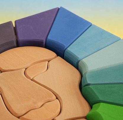 **Pre-order (Ships in 2-3 Weeks)**27-Piece Handmade Stained Basswood Rainbow Lion Puzzle | Montessori Waldorf Wooden Animal Puzzle | Open-Ended Stacking & Building Toy