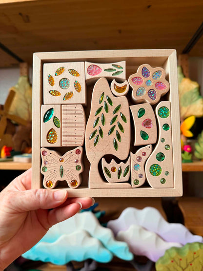 Seasonal Gem Building Blocks Set | Solid Beech Wood & Acrylic Sensory Blocks with Wooden Storage Box