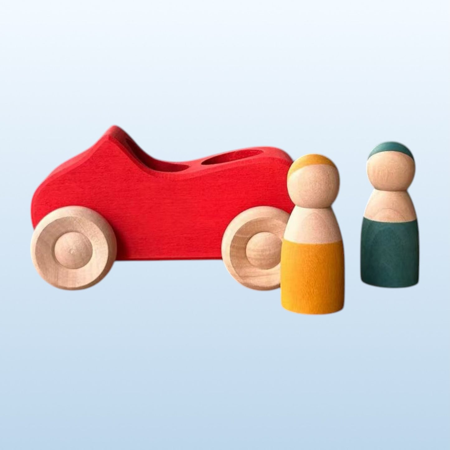 7-piece wooden rainbow cars set with 3 peg dolls | stained basswood or painted beechwood