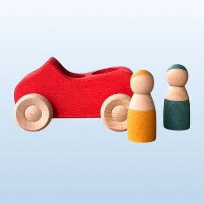 7-Piece Wooden Rainbow Cars Set with 3 Peg Dolls | Stained Basswood or Painted Beechwood