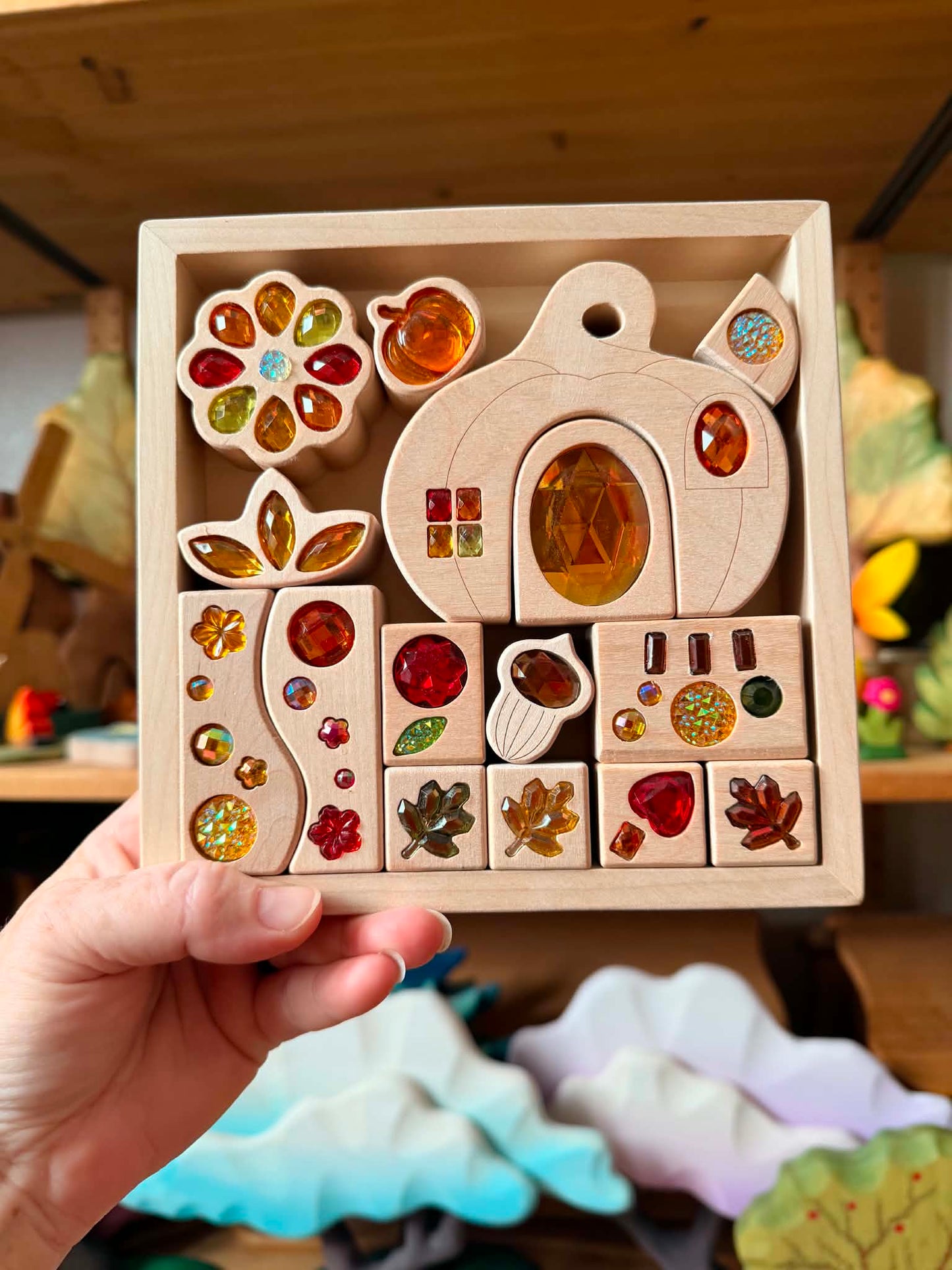 seasonal gem building blocks set | solid beech wood & acrylic sensory blocks with wooden storage box
