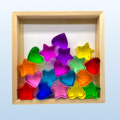 18-Piece Beech Wood Shape Blocks with Crystal Clear Acrylic Inserts | Heart or Star