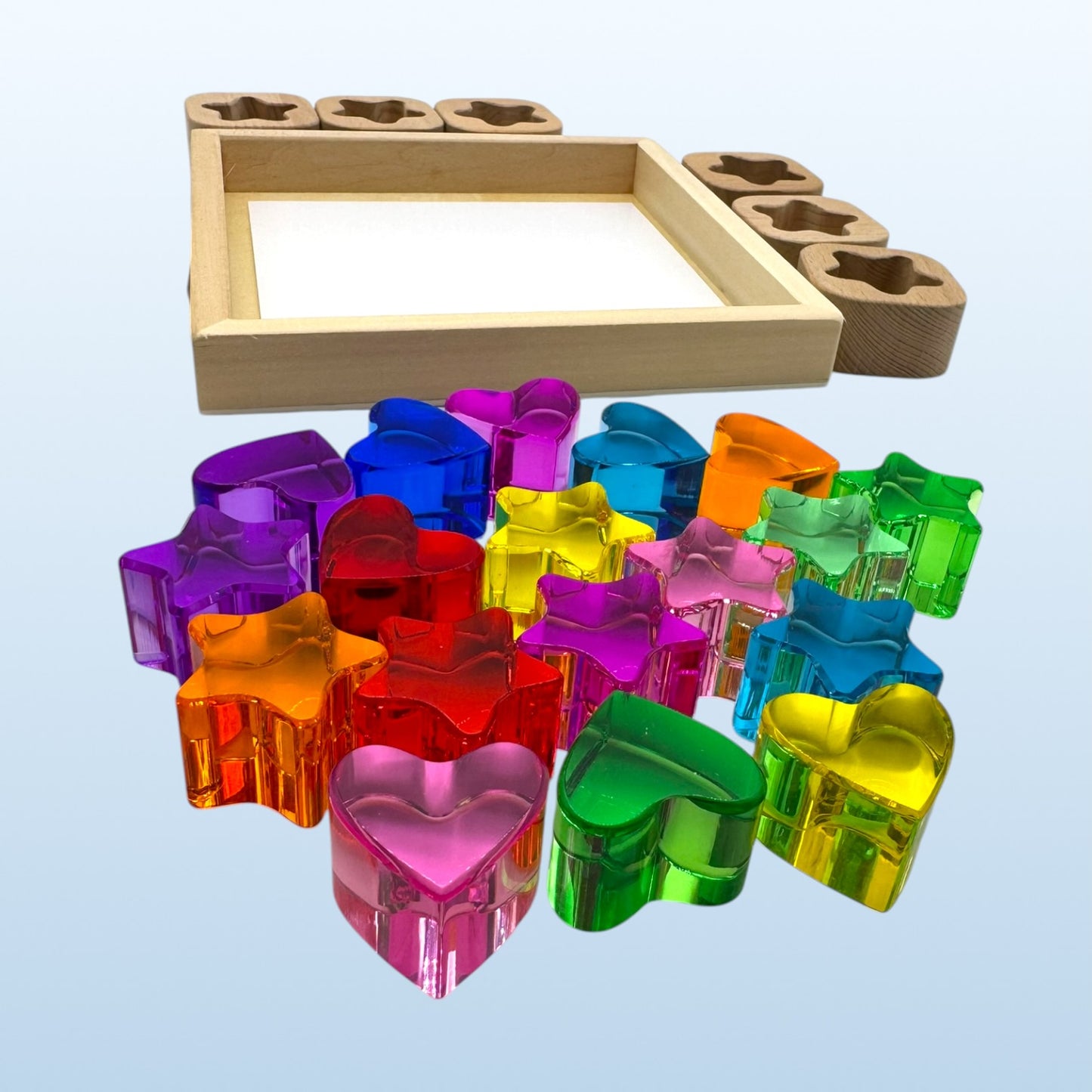 18-piece beech wood shape blocks with crystal clear acrylic inserts | heart or star