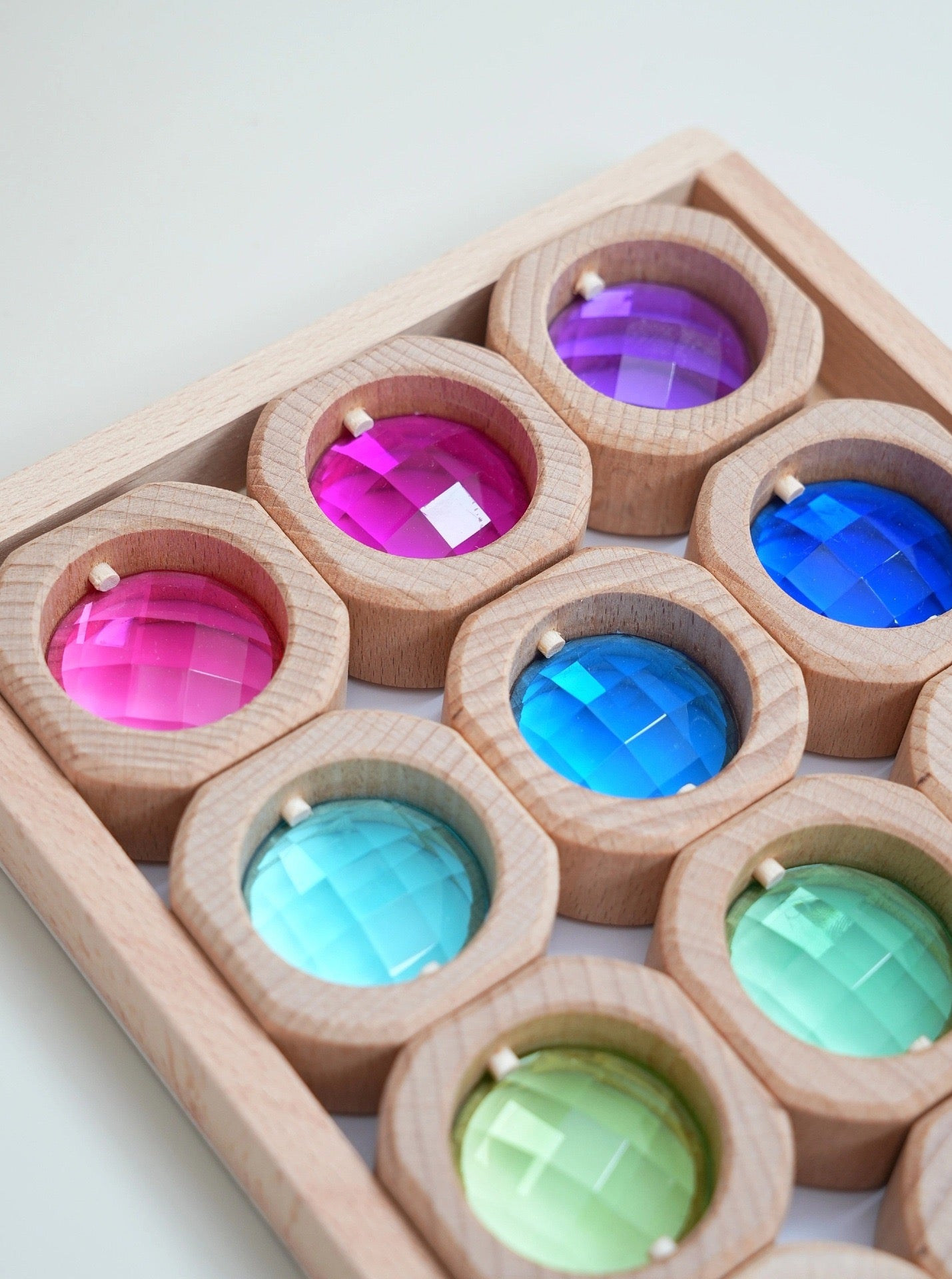 **pre-order (ships in 2-3 weeks)**15-piece octagon gem window blocks | beechwood & acrylic transparent building blocks