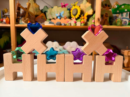 18-Piece Beech Wood Shape Blocks with Crystal Clear Acrylic Inserts | Heart or Star