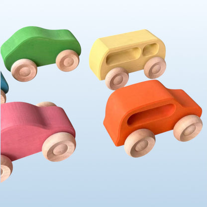 7-Piece Wooden Rainbow Cars Set with 3 Peg Dolls | Stained Basswood or Painted Beechwood