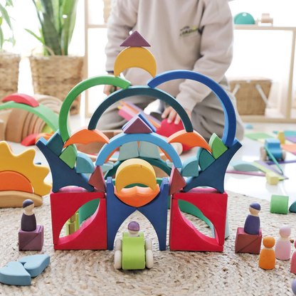 Rainbow Mandala Stained Basswood Building Blocks – 81-Piece Geometric Building Set with Wooden Tray