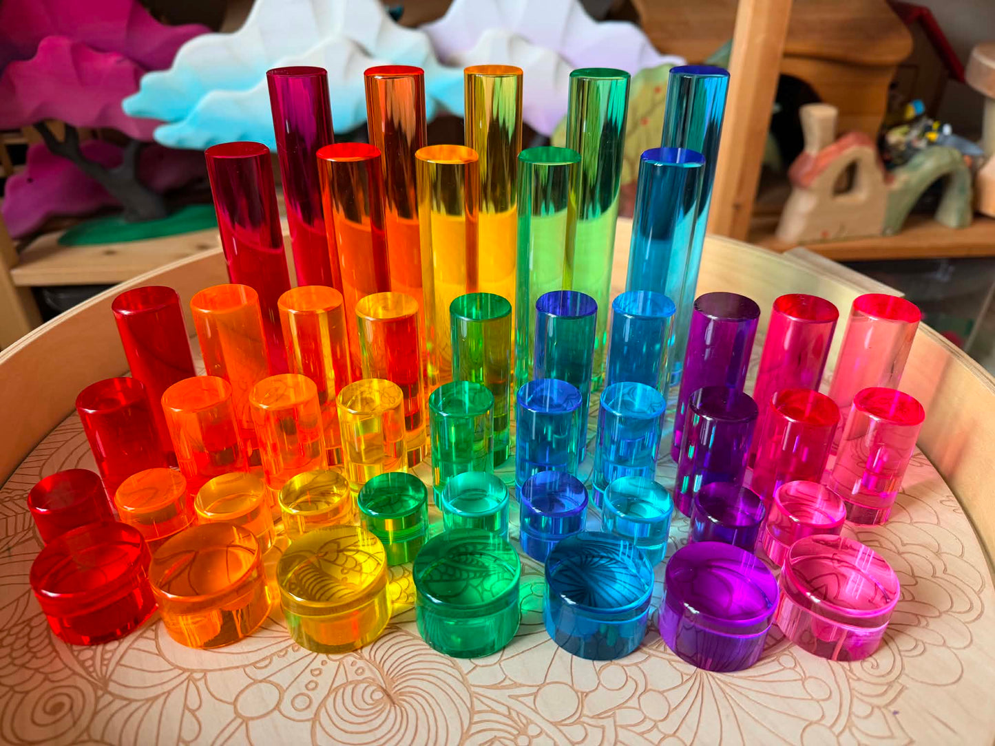 21-piece jumbo crystal clear acrylic rainbow cylinders with wooden tray