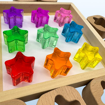 18-Piece Beech Wood Shape Blocks with Crystal Clear Acrylic Inserts | Heart or Star