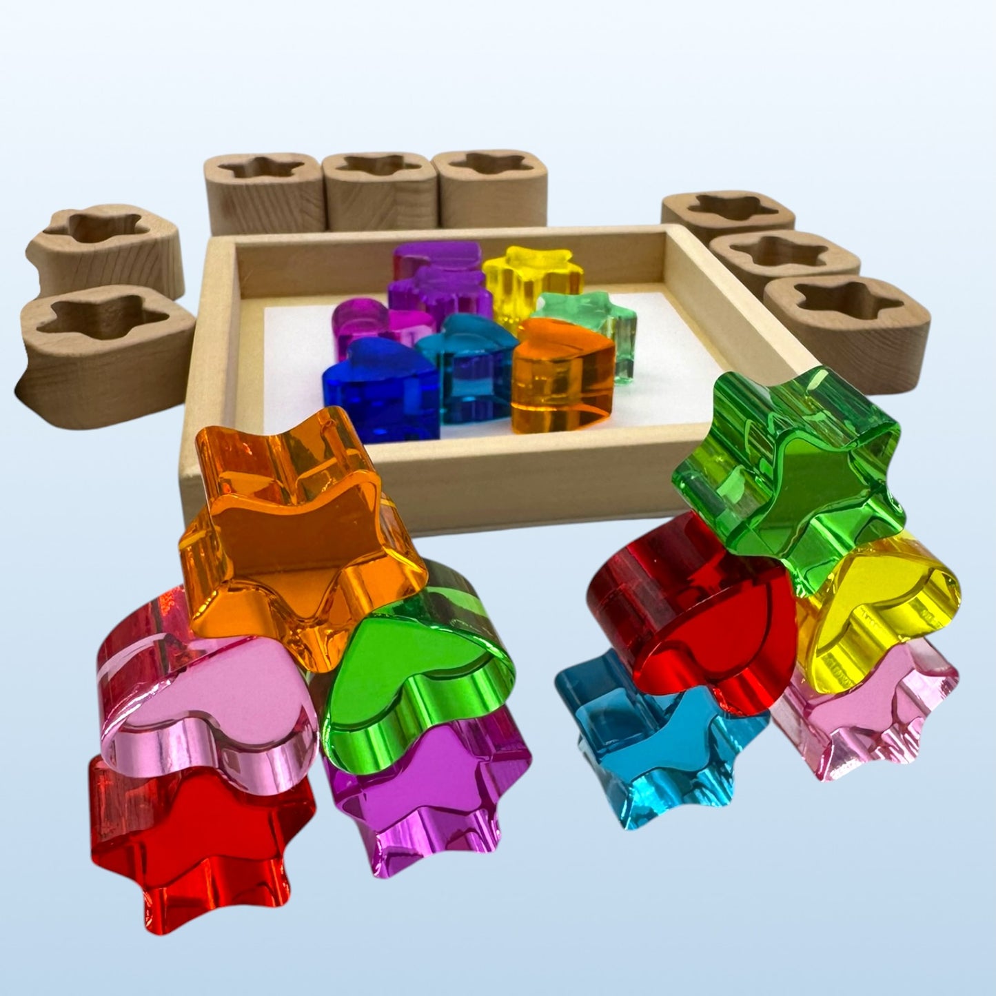 18-piece beech wood shape blocks with crystal clear acrylic inserts | heart or star