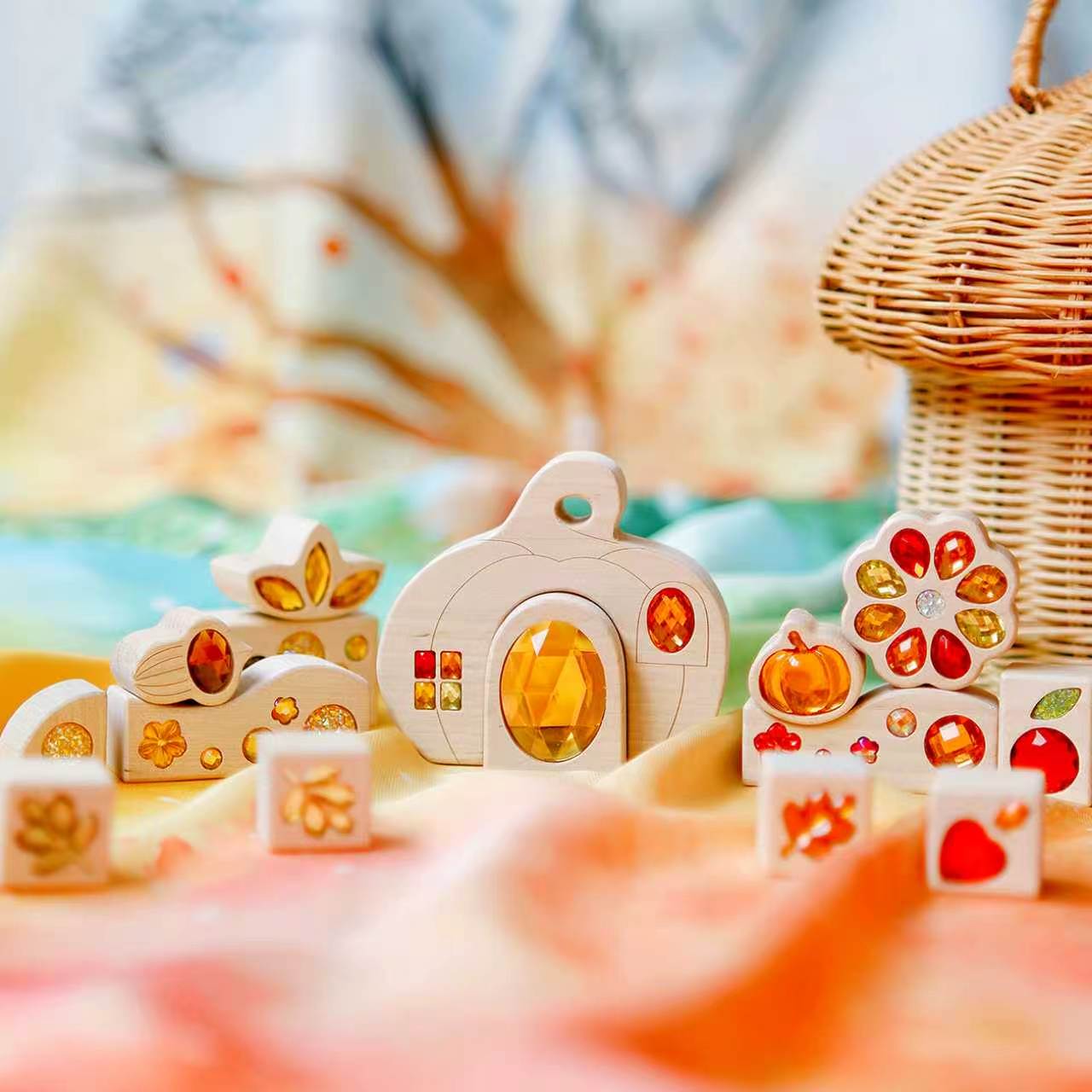 seasonal gem building blocks set | solid beech wood & acrylic sensory blocks with wooden storage box