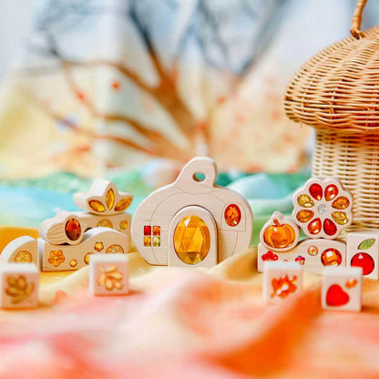 Seasonal Gem Building Blocks Set | Solid Beech Wood & Acrylic Sensory Blocks with Wooden Storage Box