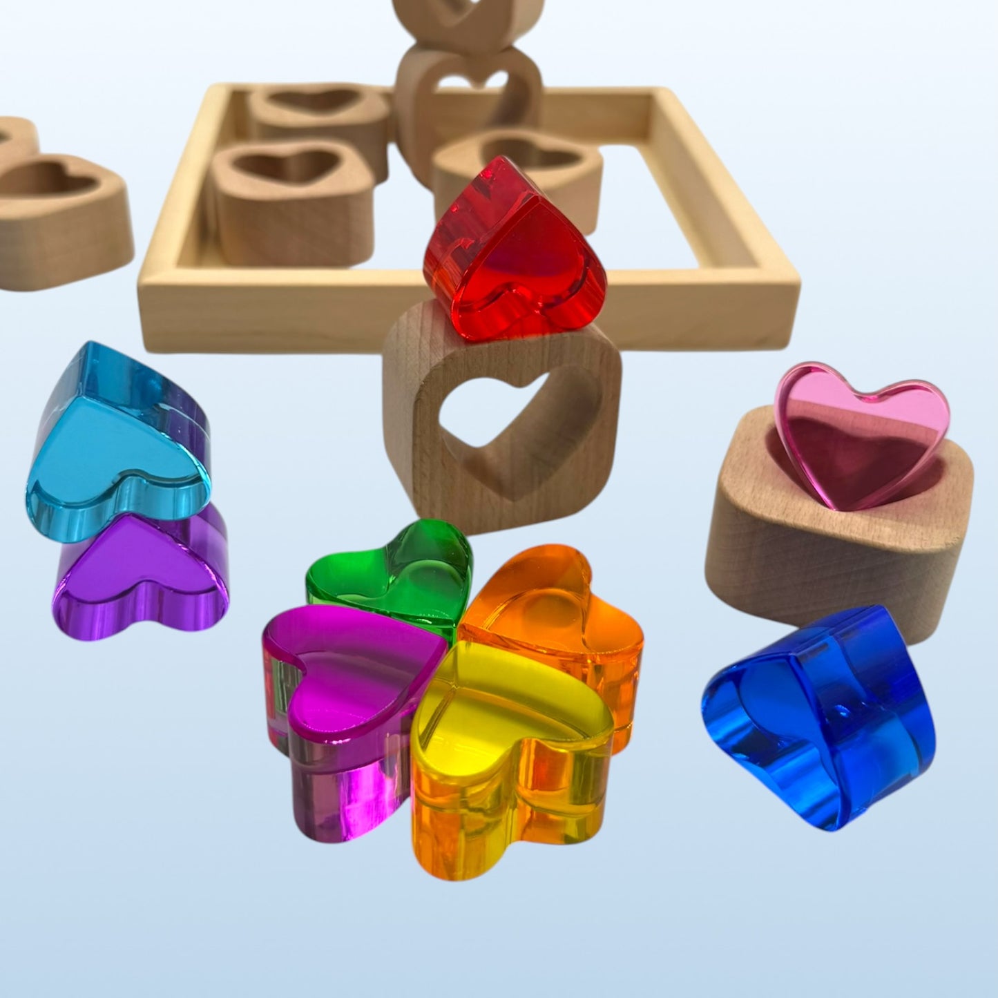 18-piece beech wood shape blocks with crystal clear acrylic inserts | heart or star