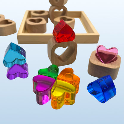18-Piece Beech Wood Shape Blocks with Crystal Clear Acrylic Inserts | Heart or Star