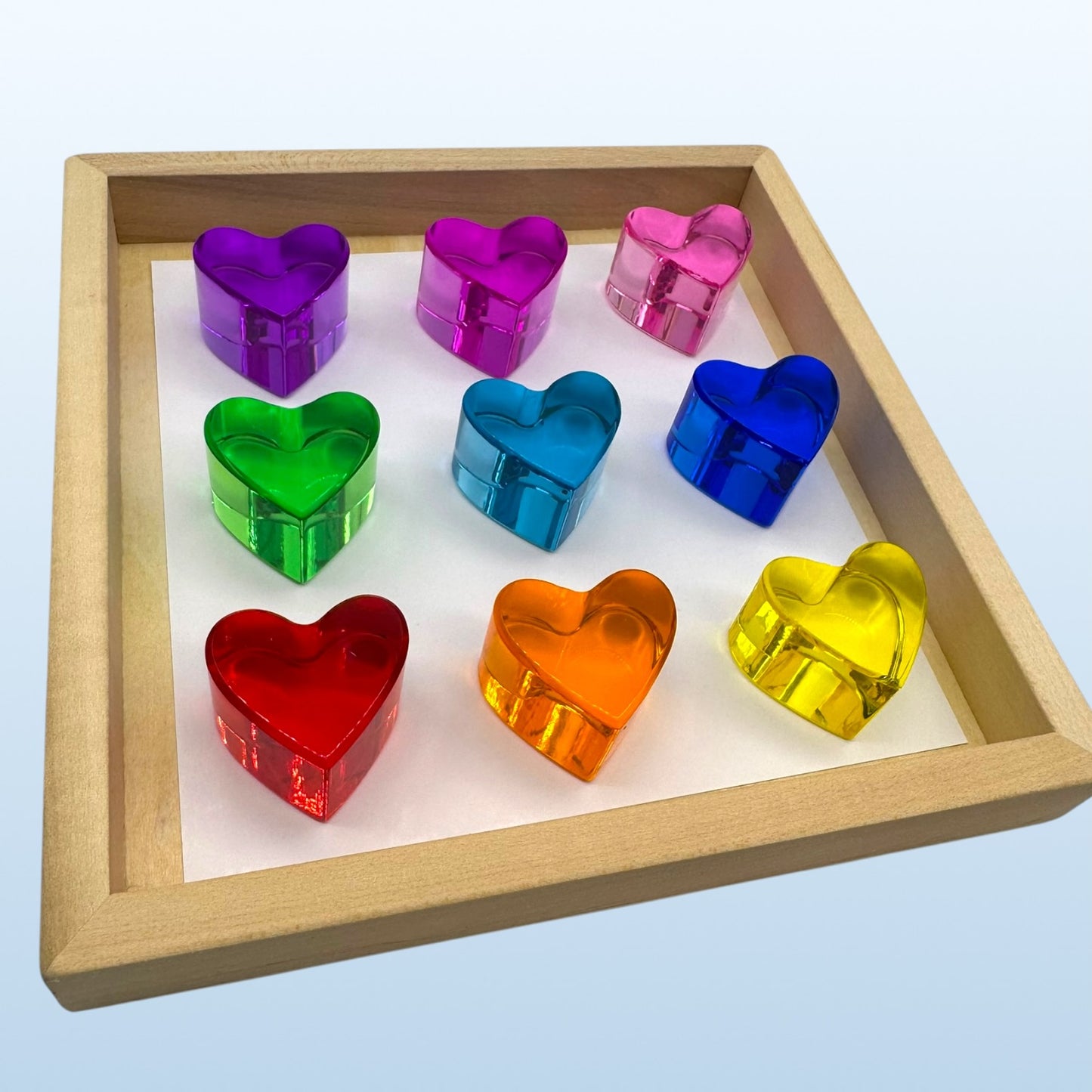 18-piece beech wood shape blocks with crystal clear acrylic inserts | heart or star
