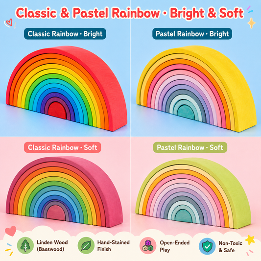 Upgraded Stained Basswood (Linden Wood) Rainbow Stackers & Building Boards | Classic & Pastel | Bright & Soft