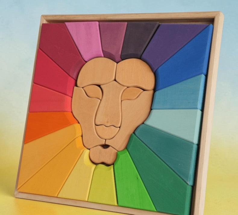 **pre-order (ships in 2-3 weeks)**27-piece handmade stained basswood rainbow lion puzzle | montessori waldorf wooden animal puzzle | open-ended stacking & building toy