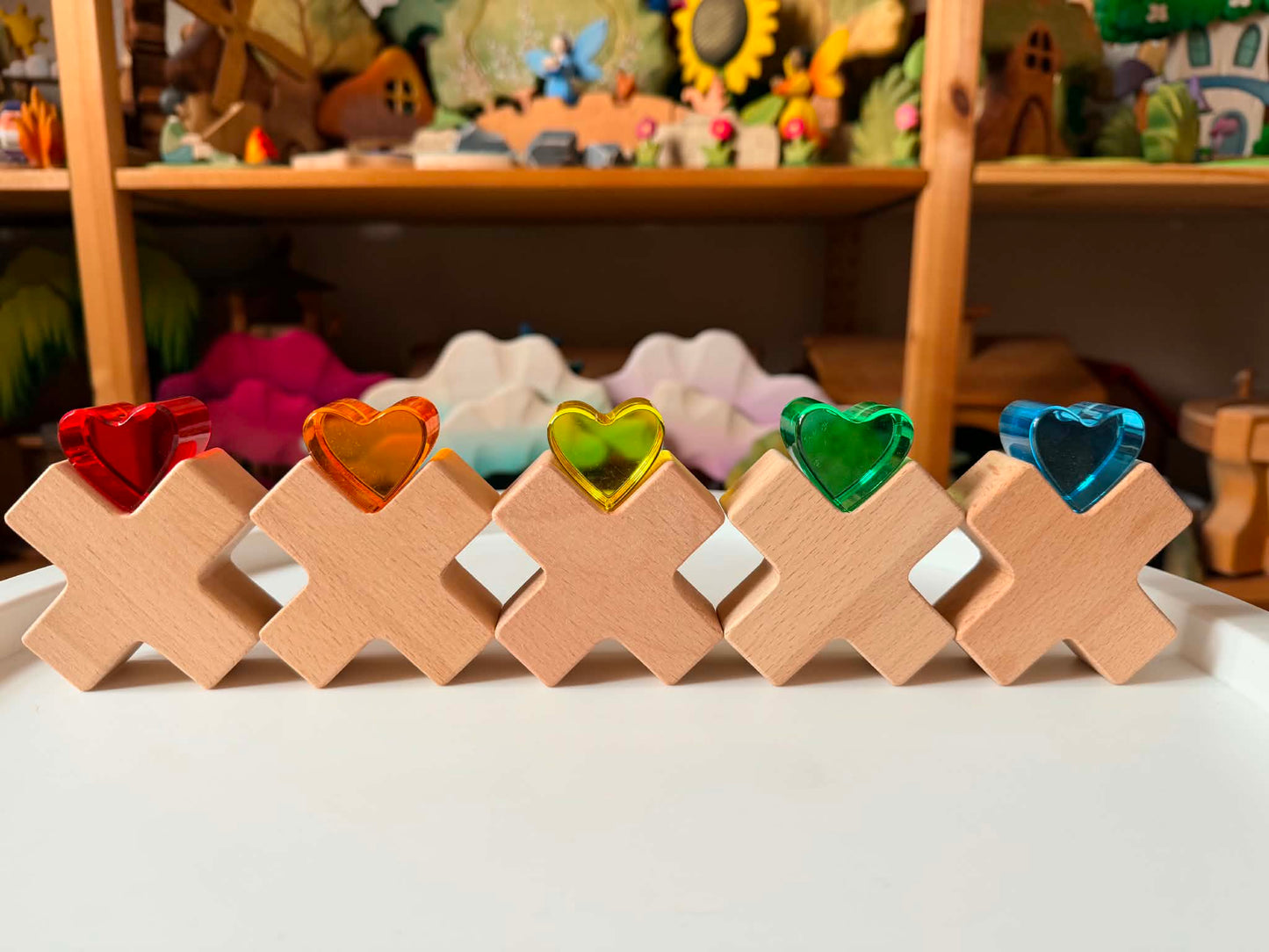 18-piece beech wood shape blocks with crystal clear acrylic inserts | heart or star