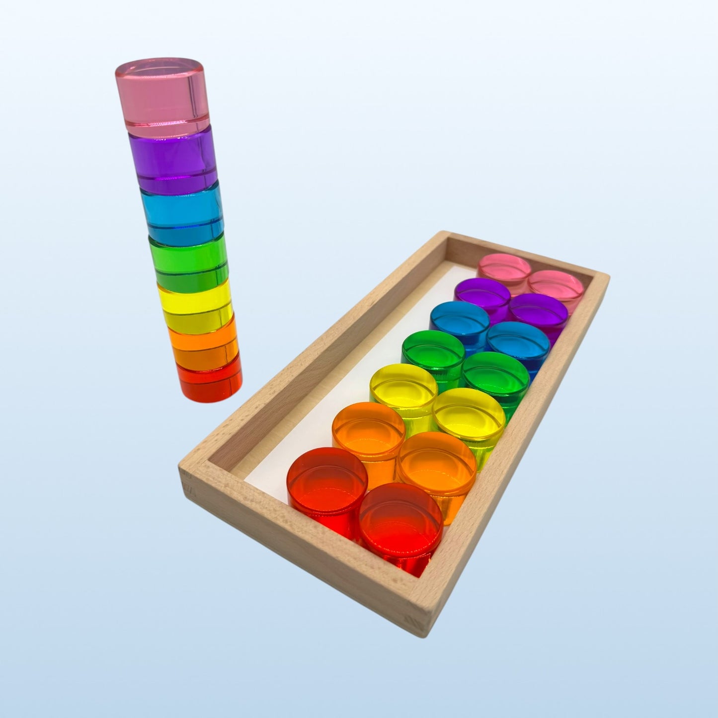 21-piece jumbo crystal clear acrylic rainbow cylinders with wooden tray