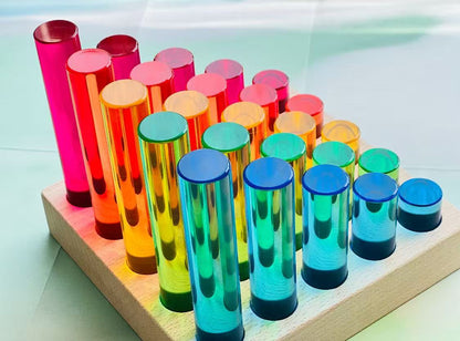 25-Piece Crystal Clear Rainbow Acrylic Cylinders with Beech Wood Base