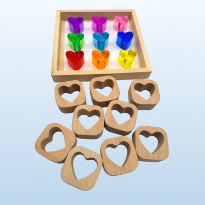 18-Piece Beech Wood Shape Blocks with Crystal Clear Acrylic Inserts | Heart or Star
