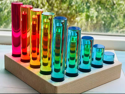25-Piece Crystal Clear Rainbow Acrylic Cylinders with Beech Wood Base