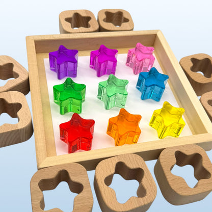 18-Piece Beech Wood Shape Blocks with Crystal Clear Acrylic Inserts | Heart or Star